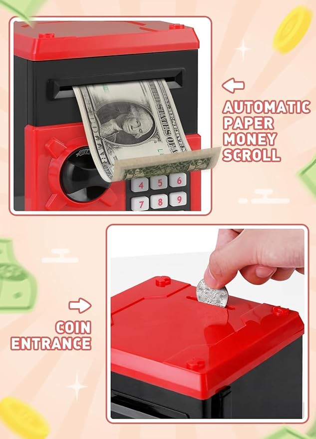 Piggy Bank for Girls Boys Large Electronic Money Coin Banks with Password Protection, Automatic Paper Money Scroll Saving Box, Great Gift for Kids (Black-Red)