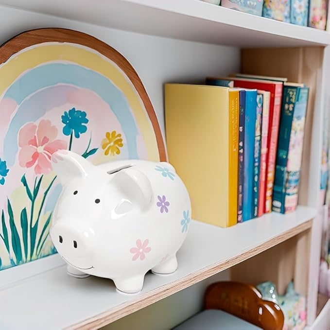 Mini Floral Piggy Bank, Ceramic Money Bank for Kids, Ideal Newborn Keepsake, Toddler Gift, Cute Baby Girl Nursery Decor, Flower Design