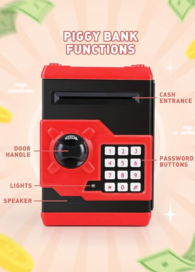 Piggy Bank for Girls Boys Large Electronic Money Coin Banks with Password Protection, Automatic Paper Money Scroll Saving Box, Great Gift for Kids (Black-Red)