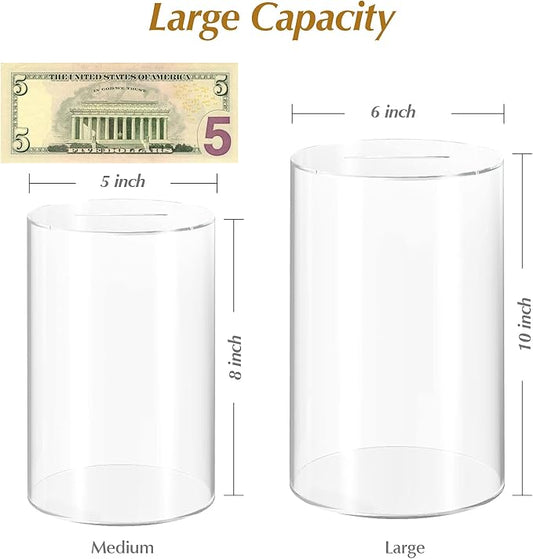 Bank for Adults Break to Open, Clear for Savings Cash and Coin, Perfect Size 8" H x 5" Diameter for Kids Birthdays Home Decoration (Medium)