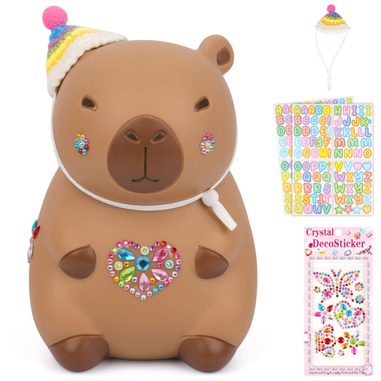 Capybara Piggy Bank,Cute Coin Bank with Hat Stickers and Rhinestone,Unbreakable Plastic Money Bank,Piggy Bank Toy for Kids Adults Boys Girl Birthday Gifts