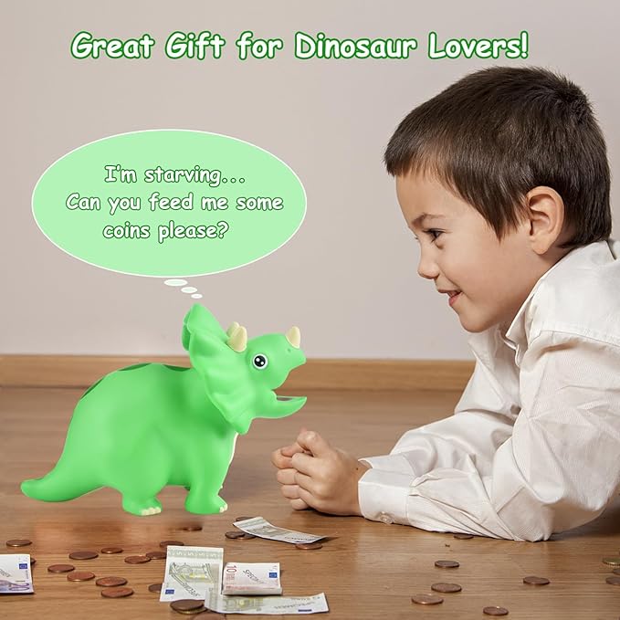 Dinosaur Piggy Bank for Kids, Unbreakable Plastic Money Coin Bank for Boys and Girls, Great Gifts for Birthday, Easter, Christmas (Green)