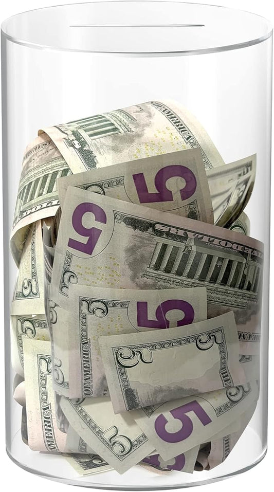 Bank for Adults Break to Open, Clear for Savings Cash and Coin, Perfect Size 8" H x 5" Diameter for Kids Birthdays Home Decoration (Medium)