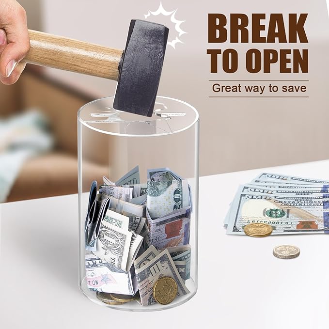 Clear Piggy Bank, Acrylic Piggy Bank for Adults Must Break to Open, Unopenable Money Saving Box for Boys Girls Birthday Gift (6" H x 3.54" D)