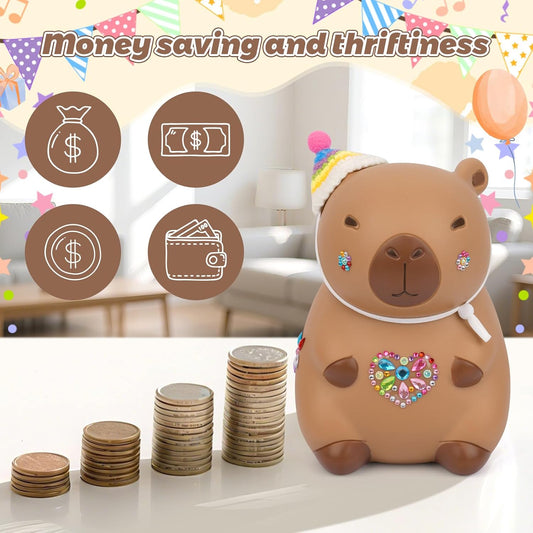 Capybara Piggy Bank,Cute Coin Bank with Hat Stickers and Rhinestone,Unbreakable Plastic Money Bank,Piggy Bank Toy for Kids Adults Boys Girl Birthday Gifts