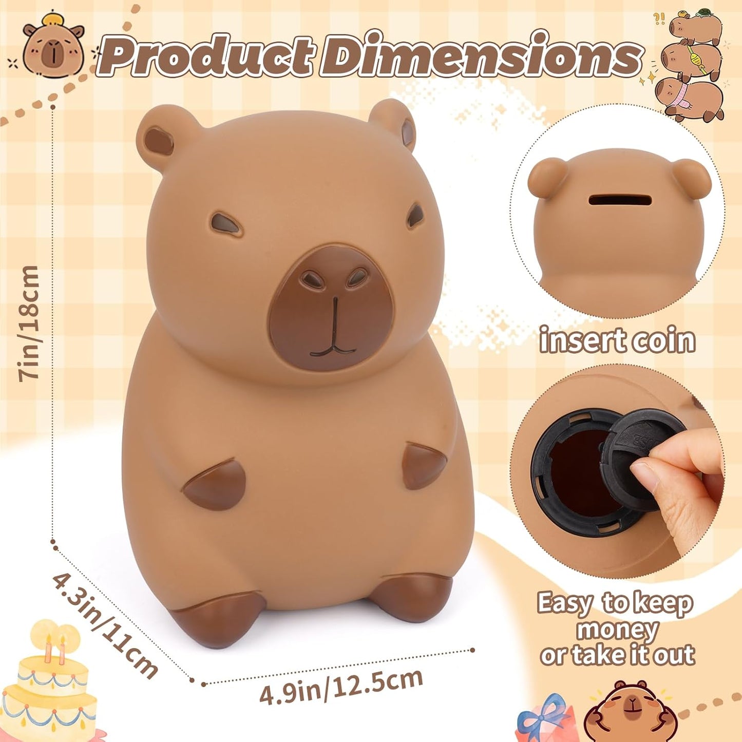 Capybara Piggy Bank,Cute Coin Bank with Hat Stickers and Rhinestone,Unbreakable Plastic Money Bank,Piggy Bank Toy for Kids Adults Boys Girl Birthday Gifts