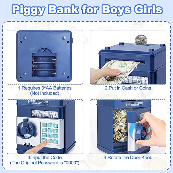 Piggy Bank Cash Coin Can ATM Bank Electronic Coin Money Bank for Kids Age 3-12, Money Savings Box Mini ATM Coin Bank Toys Gifts for 3 4 5 6 7 8 9 10 11 12 Year Old Boys Girls