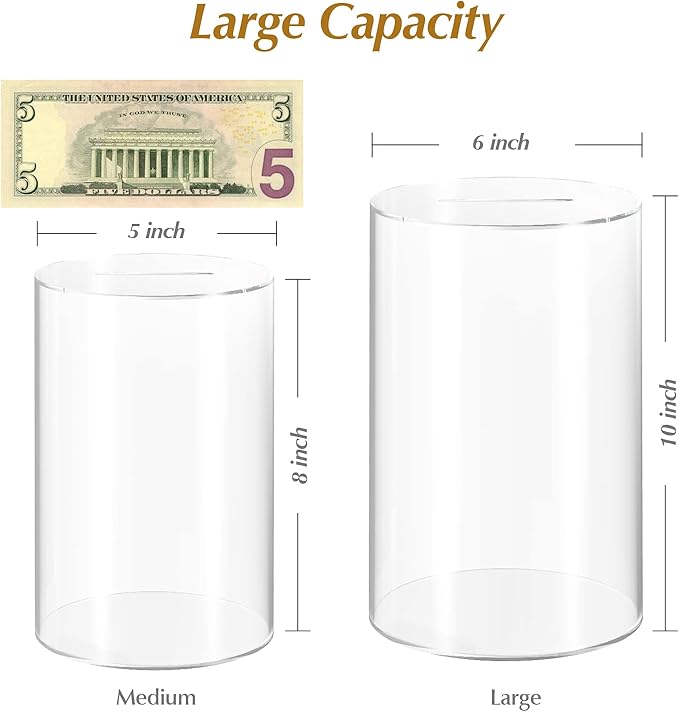 Bank for Adults Break to Open, Clear for Savings Cash and Coin, Perfect Size 8" H x 5" Diameter for Kids Birthdays Home Decoration (Medium)
