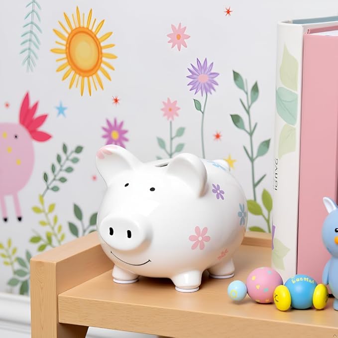 Mini Floral Piggy Bank, Ceramic Money Bank for Kids, Ideal Newborn Keepsake, Toddler Gift, Cute Baby Girl Nursery Decor, Flower Design