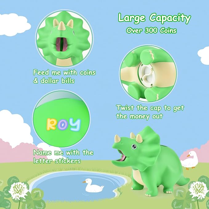 Dinosaur Piggy Bank for Kids, Unbreakable Plastic Money Coin Bank for Boys and Girls, Great Gifts for Birthday, Easter, Christmas (Green)