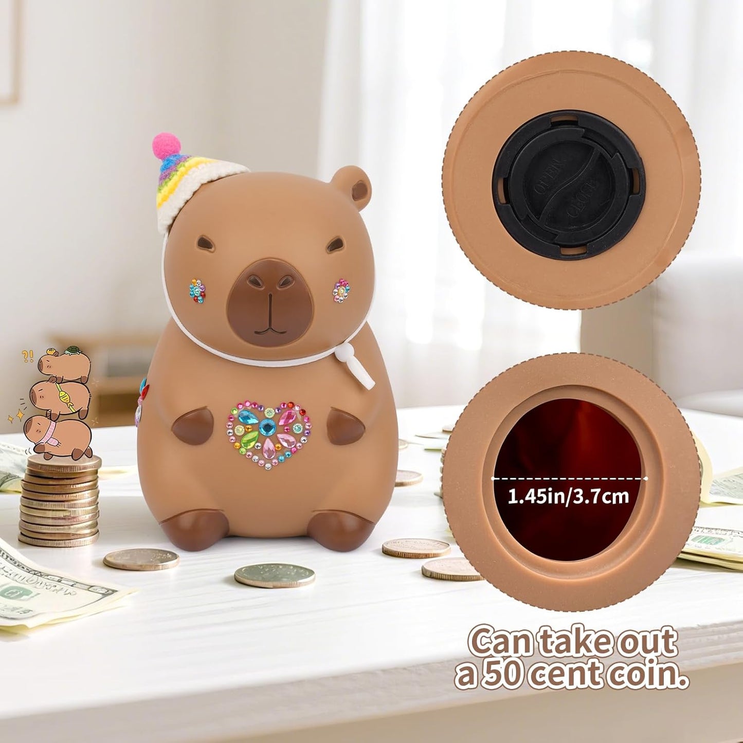 Capybara Piggy Bank,Cute Coin Bank with Hat Stickers and Rhinestone,Unbreakable Plastic Money Bank,Piggy Bank Toy for Kids Adults Boys Girl Birthday Gifts