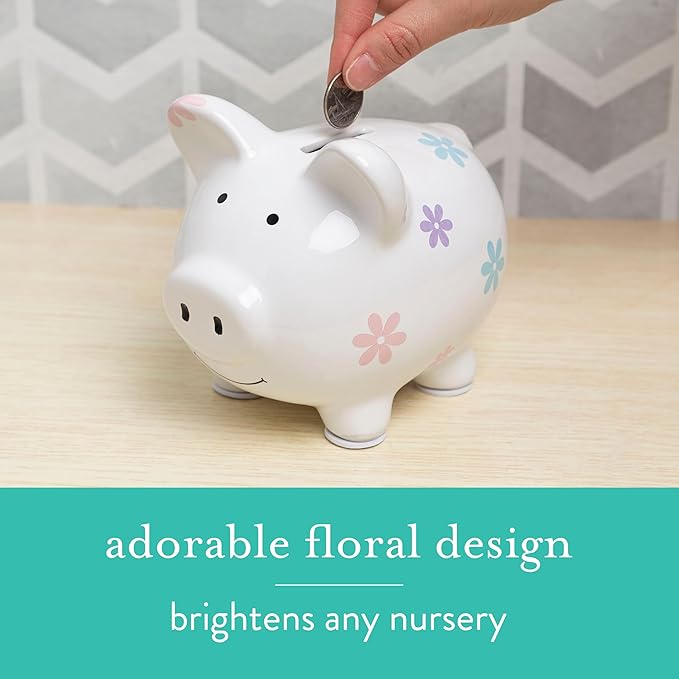 Mini Floral Piggy Bank, Ceramic Money Bank for Kids, Ideal Newborn Keepsake, Toddler Gift, Cute Baby Girl Nursery Decor, Flower Design