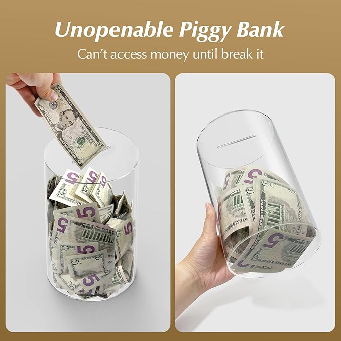 Bank for Adults Break to Open, Clear for Savings Cash and Coin, Perfect Size 8" H x 5" Diameter for Kids Birthdays Home Decoration (Medium)