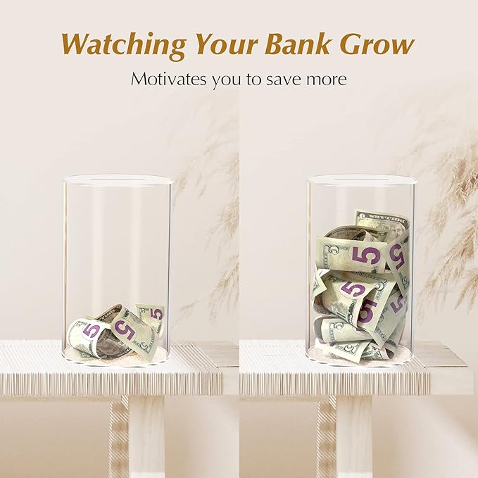 Bank for Adults Break to Open, Clear for Savings Cash and Coin, Perfect Size 8" H x 5" Diameter for Kids Birthdays Home Decoration (Medium)