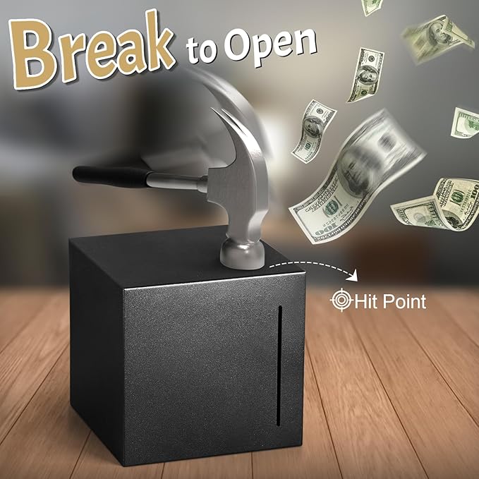 Piggy Bank for Adults Must Break to Open, Unbreakable Adults Piggy Bank Made of Stainless Steel, Metal Saving Bank (Black, 4.72-inch)