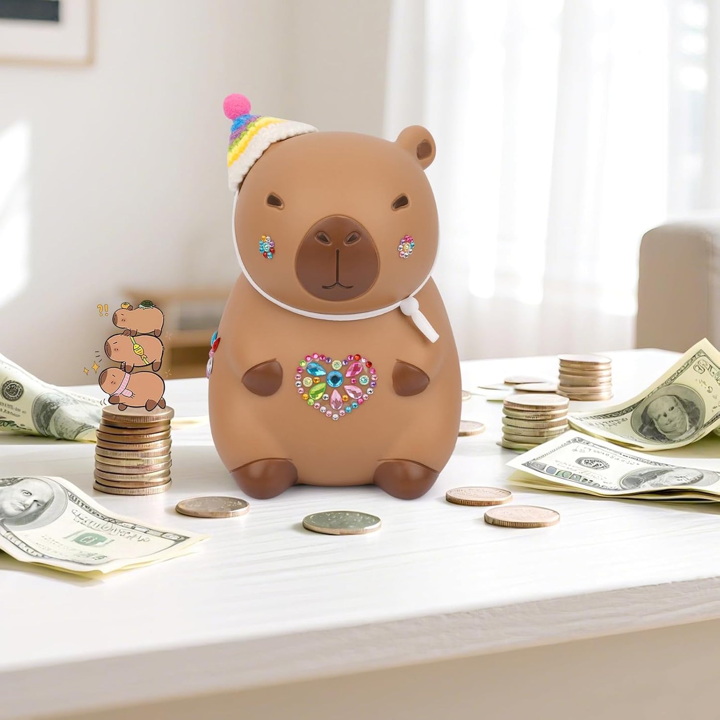 Capybara Piggy Bank,Cute Coin Bank with Hat Stickers and Rhinestone,Unbreakable Plastic Money Bank,Piggy Bank Toy for Kids Adults Boys Girl Birthday Gifts